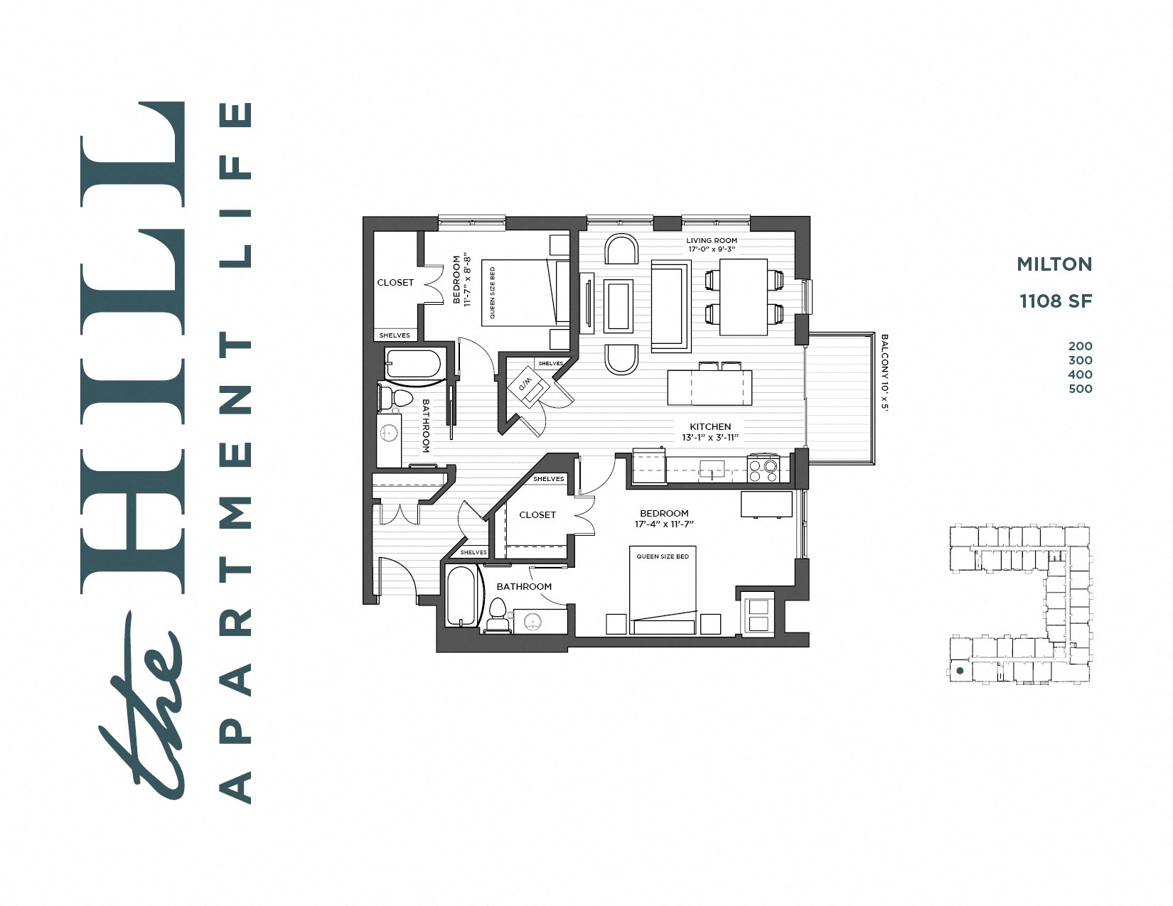 Floor plan for 2 beds, 2 baths, 1108 sqft